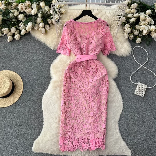LE2466 Ladies Holiday Party Lace Dresses Women Luxury Embroidered Hollow Dinner Midi Dress Hollow Out Belted Casual Dresses