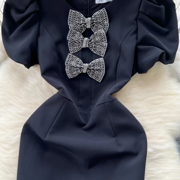 LE2436 High-End Socialite Party Short Dres Female Vintage Hollow Prom Dress Bow Bubble Sleeve Slim-Fit Wrap Hip Black Mini Dress