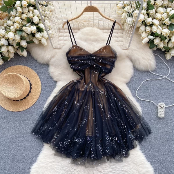 LE2506 Gentle Mini Princess Dresses Lady Delicate Pleated Mesh Short Dress Pleated Lace Prom Halter Dress Wedding Woman