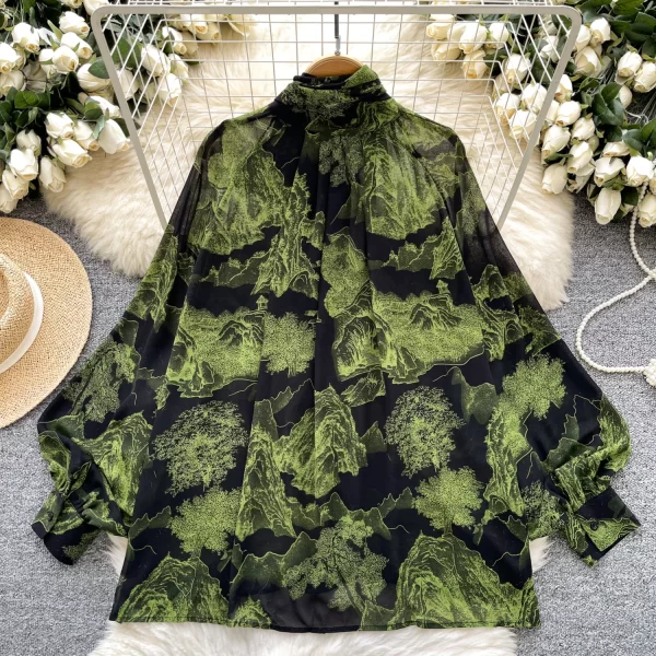 LW0596 Women'S Breezy Print Chiffon Blouse Women'S Design With Bow Bow Lace-Up Top Blouses Elegant Women Ladies