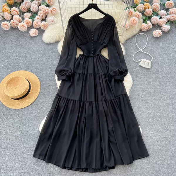 LE2503 Women Boutique Outfit Lady V-Neck Chiffon Dress Female Banquet Evening Gown Elastic Waist Long Sleeve Pleated Long Dress