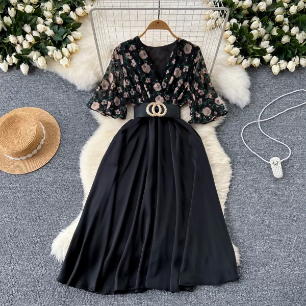 LE2443 Mature Commuter Midi Women'S Dress V-Neck Short Sleeve Print Patchwork Belted Long Dresses Office Party Casual Dress