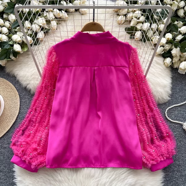 LW0375 French Diamond Pleated Lantern Sleeve Shirt Women'S Single Breasted Slimming Top Blouses Elegant Women Ladies