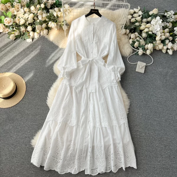 LE2548 Pastoral Style Embroidery Robe Lace-Up Midi Holiday Casual Dresses Woman Ethnic Socialite Party Long Gown