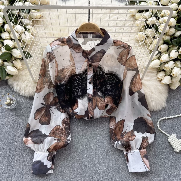 LW0514 Chiffon Shirt Women Design Lace Lace Color Patchwork Butterfly Print Thin Blouses Elegant Women Ladies