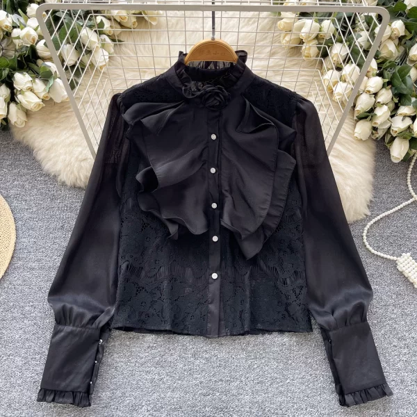 LW0595 Court Style Shirt Lady Three-Dimensional Flower Ruffled Lace Patchwork Long Sleeve Mesh Blouses Elegant Women