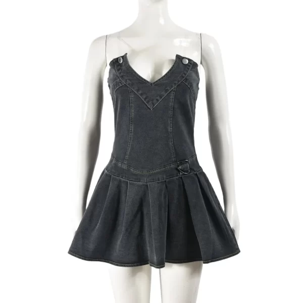 Summer New Elegant Denim Dress Women's Jeans Sexy Strapless Sleeveless Pleated V-neck Denim Dress for Lady Women