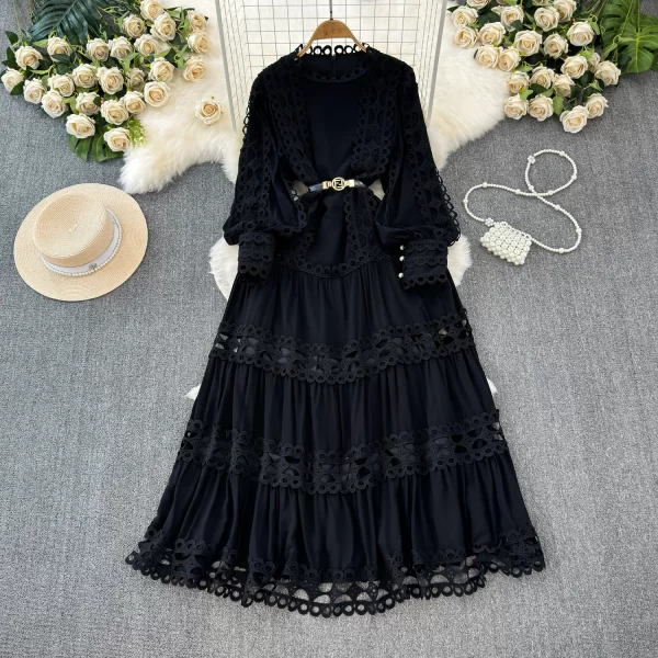 LE2576 Court Style Hollow Hook Flower Ladies Dress Female Heavy Industry Patchwork Lace Long Sleeve Women Boutique Maxi Dresses