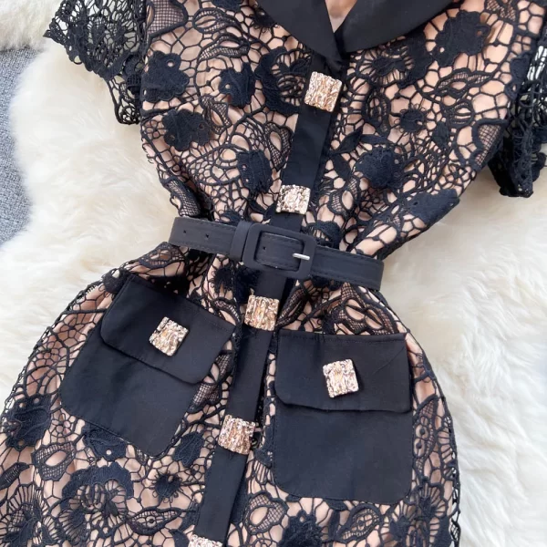 LE2459 Runway Lace Dress Female Delicate Hollow Out Women Boutique Casual Dress Metal Button Pocket Socialite Holiday Maxi Dress