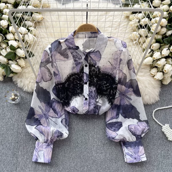 LW0514 Chiffon Shirt Women Design Lace Lace Color Patchwork Butterfly Print Thin Blouses Elegant Women Ladies