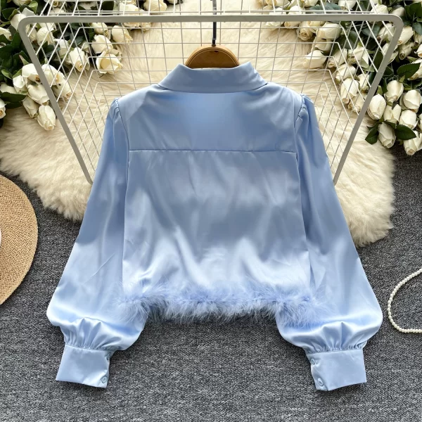 LW0362 French Niche Shirt Ladies Haute Couture With Fluffy Patchwork Short Satin Top Blouses Elegant Women