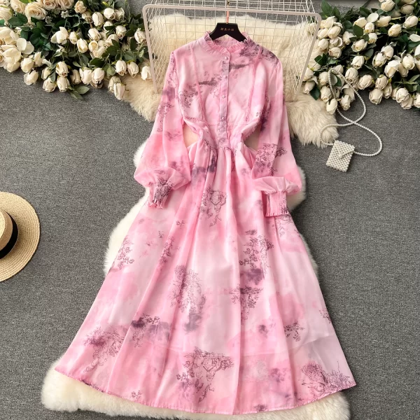 LE2444 Retro Ruffled Casual Dress Women 2025 Irregular Printing Long Dress Holiday Party Evening Gown Office Party Casual Dress