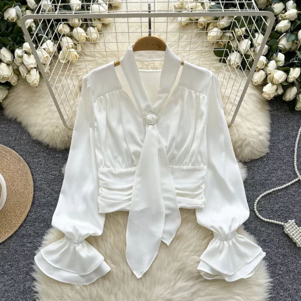 LW0367 Small Crowd Waist Shirt Women French 2025 New Halter Neck Pleated Horn Sleeve Satin Top Blouses Elegant Women Ladies