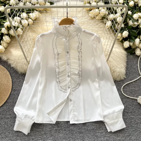 LW0353 Light Luxury Satin Sense Stand Collar Shirt Women Autumn Wood Ear Edge Temperament Chic Niche Blouse Tops for Women