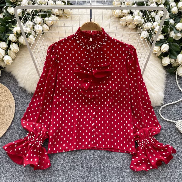 LW0356 202new Light Luxury Polka Dot Print Lotus Sleeve Shirt Women'S Tie With Diamond Design Temperament Blouses for Lady