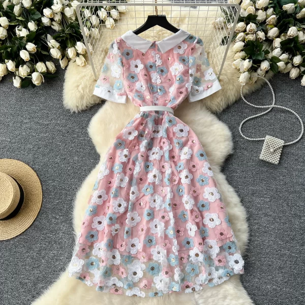 LE2527 Luxury Flower Sequined Lace Midi Dresses Vintage Polo Collar Heavy Embroidery Woman Dress Socialite'S Party Gauze Dress