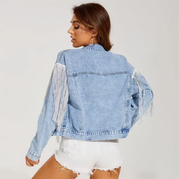 Foreign Trade Denim Jacket Women Fashion Fringe Lapel Fried Flowers Denim Jacket