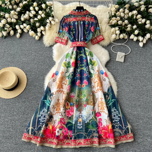 LE2474 Ethnic Maxi Flower Print Dresses Lady Elegant Suit Collar Evening Gown A-Line Socialite Party Belted Casual Shirt Dress
