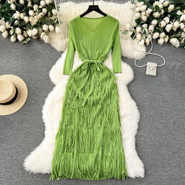 LE2515 Luxury Draped Tassels Midi Dresses Female Loose Ruffled Dress Socialite Evening Gown Elegant Large Size Party Long Dress