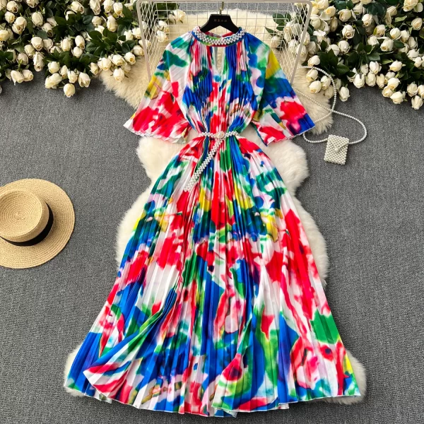 LE2523 Loose Maxi Floral Print Dress Woman Hollow Diamond-Bordered Belted Large Size Pleated Evening Dress Socialite Party Robe