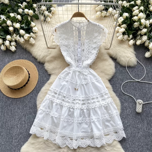 LE2575 Women Boutique Lace Elegant Party Short Dresses Hollow Hook Flower Lace Patchwork Mini Dress A-Line Female Dresses 2025
