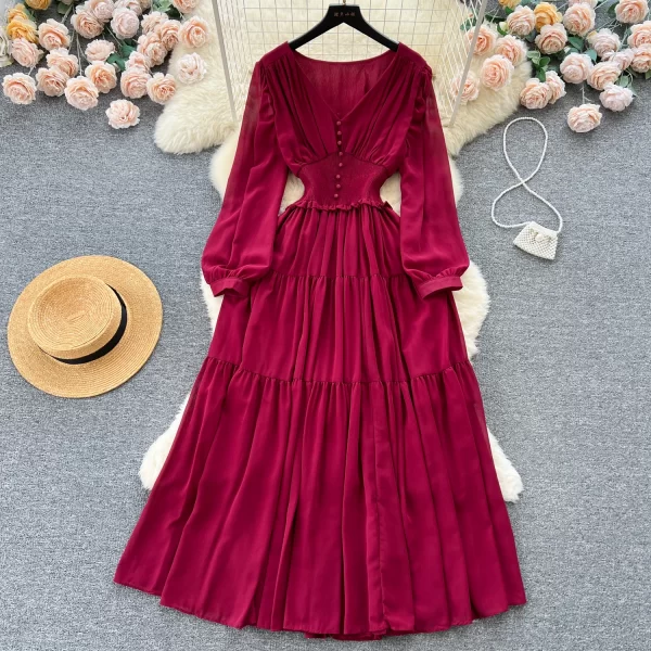 LE2503 Women Boutique Outfit Lady V-Neck Chiffon Dress Female Banquet Evening Gown Elastic Waist Long Sleeve Pleated Long Dress