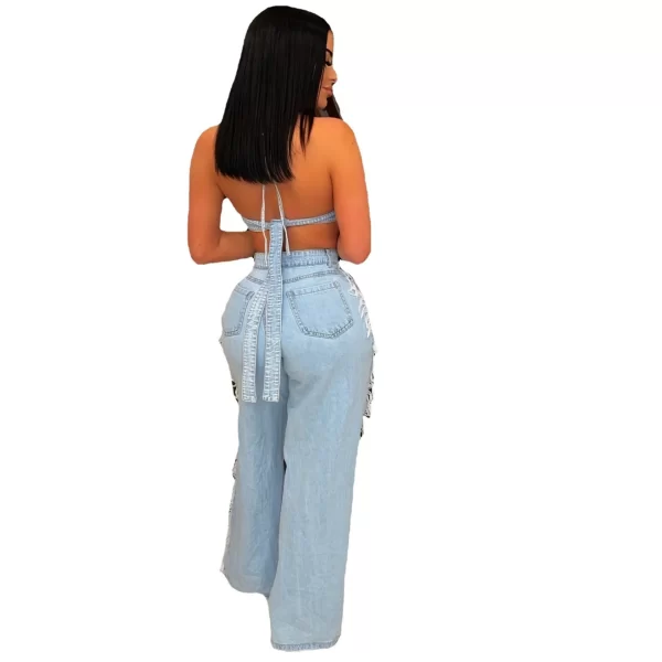 New Arrivals Women's Casual Crop Tops and Tassel Pants Sets 2 Piece Jean Suit