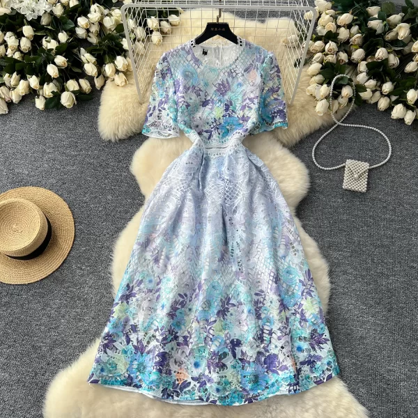 LE2573 Elegant Lace Elegant Party Dresses 2025 Women Boutique Hollow Hook Flower Embroidery Midi Dress A-Line Female Dresses