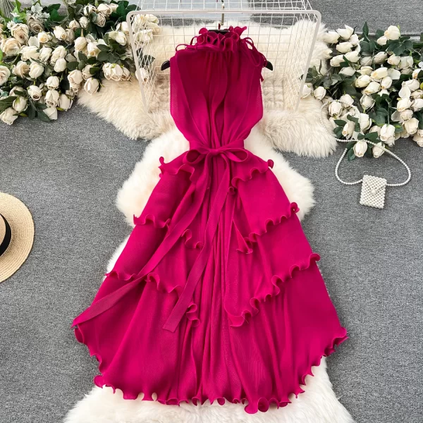 LE2509 Exquisite Chiffon Midi Pleated Dress Lady Elegant Lotus Collar Evening Gown Lady Boutique Socialite Holiday Banquet Dress