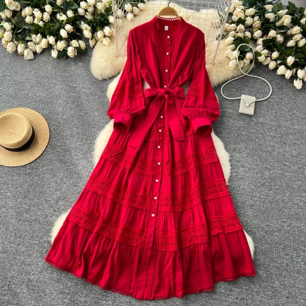 LE2551 Solid Lace Patchwork Maxi Dress Elegant Women Embroidery Evening Gown Socialite Holiday Party Lady Long Casual Dresses