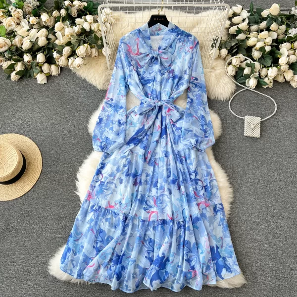 LE2566 2025 Autumn Socialite Party Midi Dress Temperament  Printed Dress Women'S Boutique Bubble Long Sleeve Floral Holiday Robe