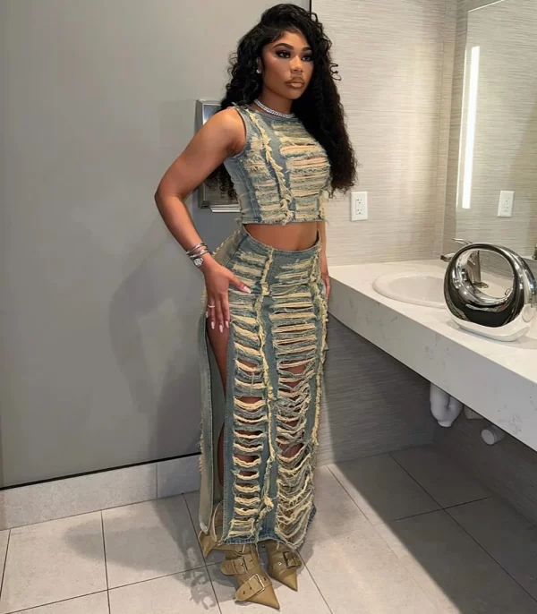 New Summer Fashion Ripped Denim Two Piece Skirt Suit Women's Denim Suit Cropped Vest and Split Skirt Suit