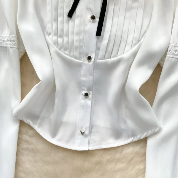 LW0370 2025 Spring Temperament Color Contrast Lace Patchwork Receive Waist Long Sleeve Shirt Female Tops for Women Casual