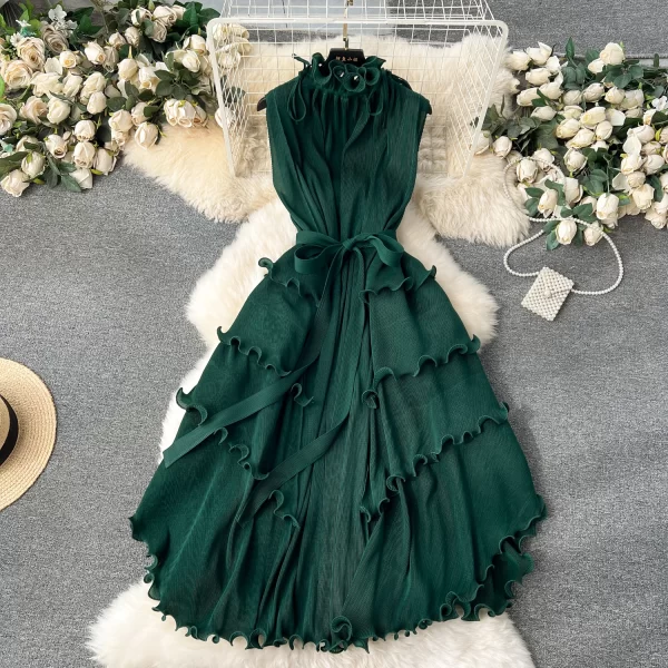 LE2509 Exquisite Chiffon Midi Pleated Dress Lady Elegant Lotus Collar Evening Gown Lady Boutique Socialite Holiday Banquet Dress