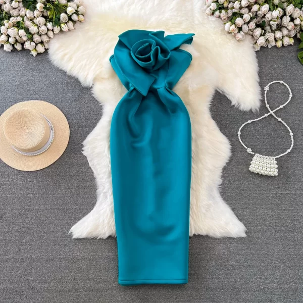 LE2530 Fashion Socialite Midi Evening Dress Three-Dimensional Flower Long Air Cotton Bag Buttock Dresses Woman Hip Wrap Dress