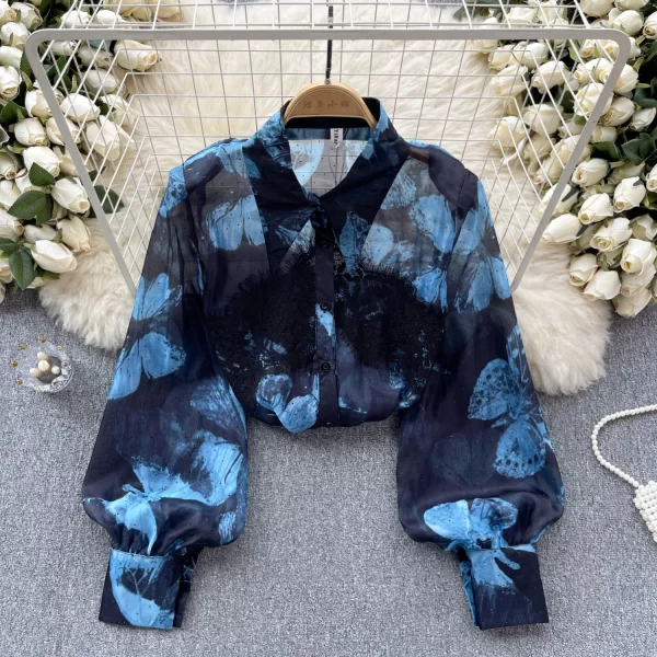 LW0514 Chiffon Shirt Women Design Lace Lace Color Patchwork Butterfly Print Thin Blouses Elegant Women Ladies