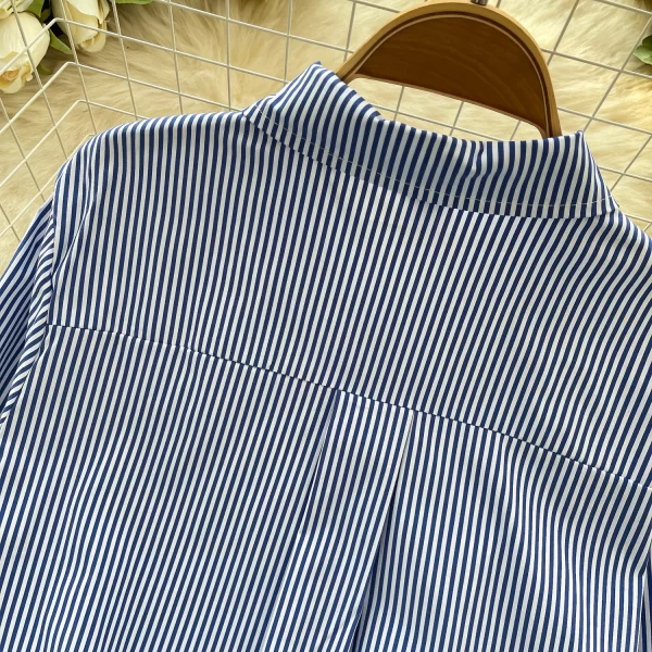 LW0594 Chic Bow Lace Embroidery Striped Shirt Women'S Design Sense Draw Rope Waist Shirt Blouses Elegant Women Ladies