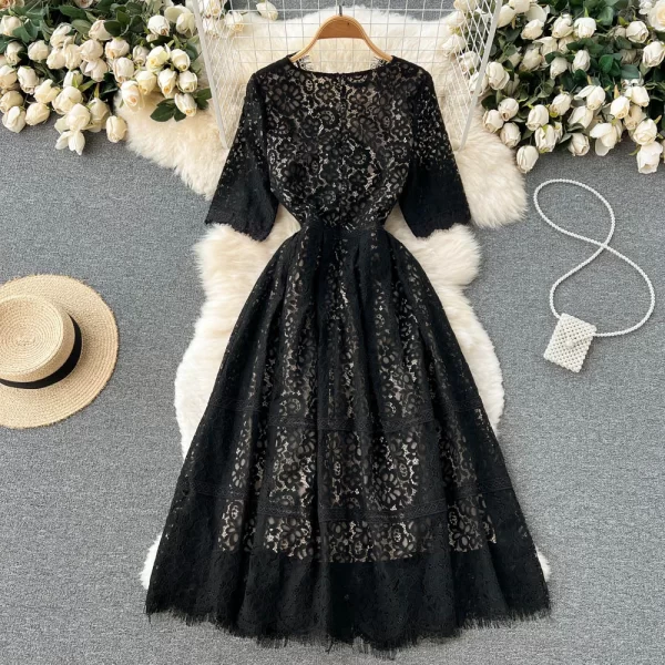 LE2460 European Style Lace Dresses Female Socialite Holiday Embroidery Midi Dress Women'S Boutique V-Neck Casual Dress