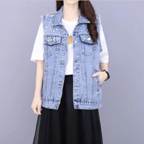 Fashion High Quality Rhinestone Ladies Jackets Pearls Beading Plus Size Blue Denim Coat Jean Jackets for Women