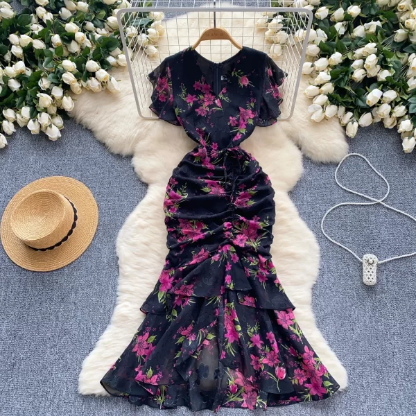 LE2525 Mature Floral Print Dress Lady Elegant Irregular Chiffon Fishtail Dress Socialite Party Drawstring Ruffled Midi Dresses