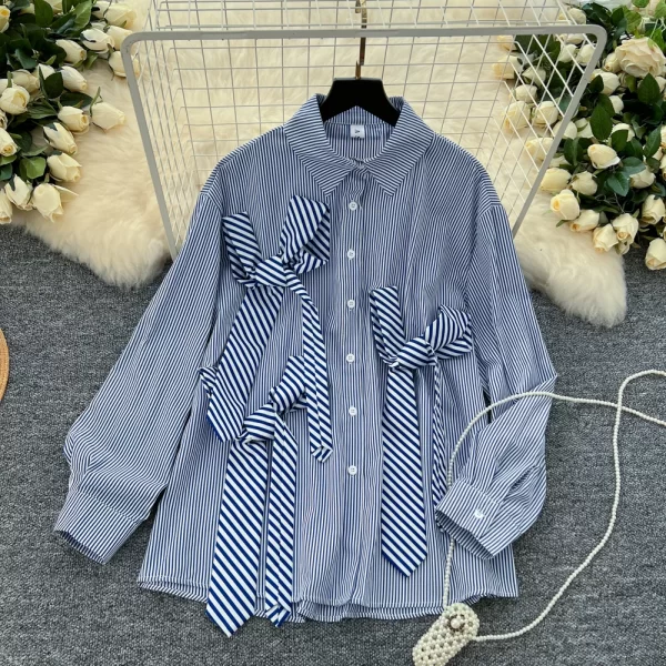 LW0364 Light Luxury Simple Senior Sense Striped Shirt Loose Irregular Tie Design Chic Blouse 2025 Spring Tops for Women Formal