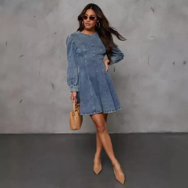 Fashion Casual Splicing Receiving Waist Women's Denim Long Sleeve Dresses