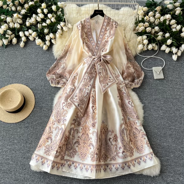 LE2462 Vintage Print Dress Ethnic Style Socialite Dinner Party Maxi Flowers Dress Women Elegant Lady Gauze Belted Evening Robe