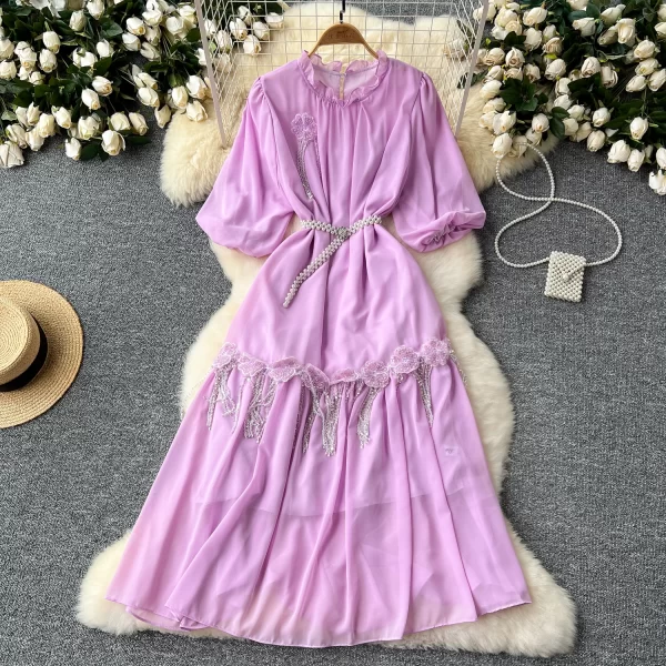 LE2549 Gentle Chiffon Casual Dress Woman Three-Dimensional Flower With Diamond Fringe Lantern Sleeve Midi Dress Lady Long Dress