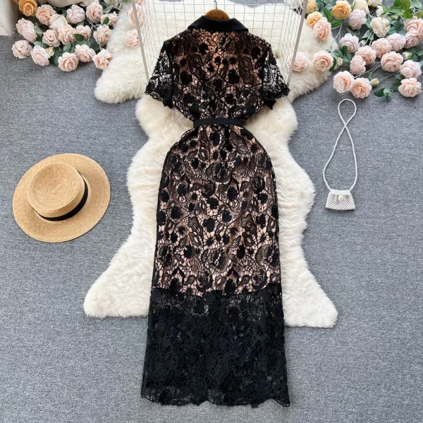 LE2459 Runway Lace Dress Female Delicate Hollow Out Women Boutique Casual Dress Metal Button Pocket Socialite Holiday Maxi Dress