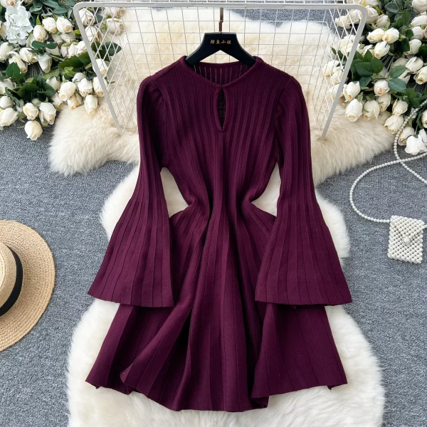 LE2471 Hepburn Style Mini Knitted Dress Female Autumn Winter Temperament Lotus Long Sleeves Korean Slim Fold Short Sweater Dress