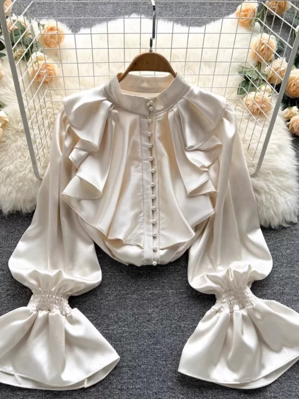 LW0363 French Shirt for Women Design Sense Ruffled Collar Single Breasted Temperament Lantern Sleeve Top 2025 Spring