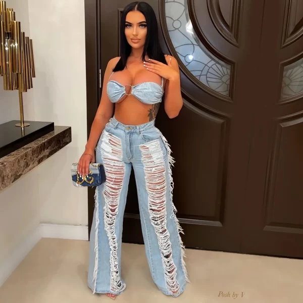 New Arrivals Women's Casual Crop Tops and Tassel Pants Sets 2 Piece Jean Suit