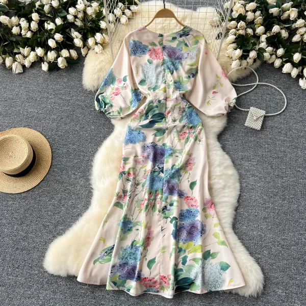 LE2437 Royal Sister Prom Dresses Women New Deep V-Neck Lantern Sleeve Fold Print Fishtail Dress Holiday Party Midi Casual Dress