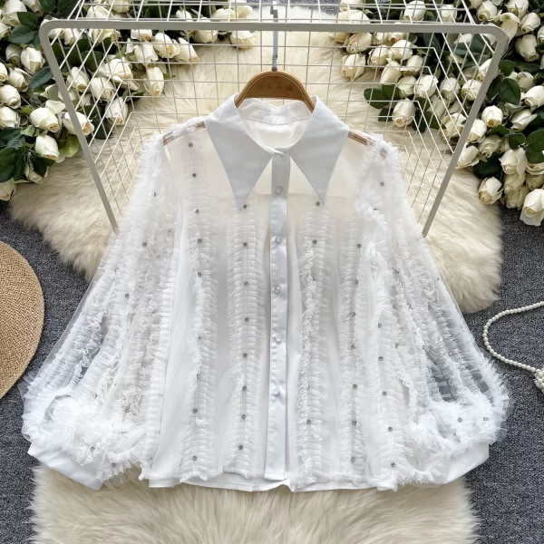 LW0375 French Diamond Pleated Lantern Sleeve Shirt Women'S Single Breasted Slimming Top Blouses Elegant Women Ladies